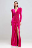 Long Sleeve V-Neck Ruched Fuchsia Holiday Party Dress with Slit
