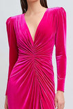 Long Sleeve V-Neck Ruched Fuchsia Holiday Party Dress with Slit