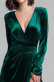 Dark Green Long Sleeve Velvet V-Neck Holiday Party Dress with Slit