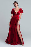 Burgundy Velvet V-Neck Ruched Holiday Party Dress with Slit