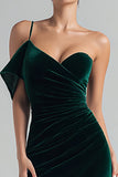 Asymmetrical Velvet Ruched Dark Green Holiday Party Dress