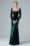 Dark Green Long Sleeve Velvet Square Neck Holiday Party Dress with Slit