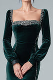 Dark Green Long Sleeve Velvet Square Neck Holiday Party Dress with Slit
