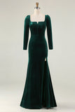 Velvet Long Sleeve Square Neck Dark Green Holiday Party Dress with Slit
