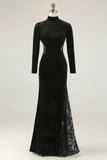 Black Velvet Long Sleeve Mermaid High Neck Holiday Party Dress