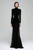 Black Velvet Long Sleeve Mermaid High Neck Holiday Party Dress with Lace