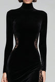 Black Velvet Long Sleeve Mermaid High Neck Holiday Party Dress with Lace