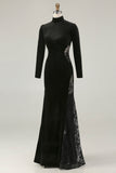 Black Velvet Long Sleeve Mermaid High Neck Holiday Party Dress