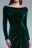 Long Sleeve Velvet Bateau Neck Dark Green Holiday Party Dress