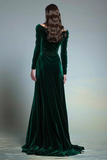 Long Sleeve Velvet Bateau Neck Dark Green Holiday Party Dress