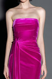Strapless Velvet Mermaid Ruched Fuchsia Holiday Party Dress