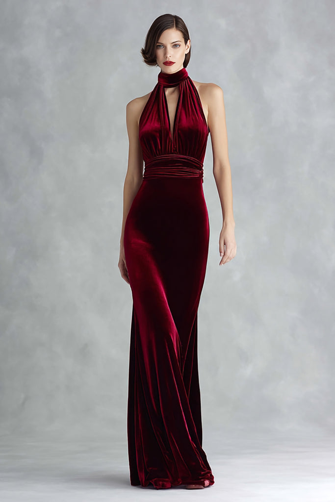 WEDTREND Women Burgundy Velvet Holiday Party Dress Halter Ruched