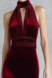 Burgundy Halter Velvet Ruched Holiday Party Dress
