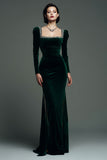 Velvet Long Sleeve Square Neck Dark Green Holiday Party Dress