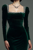 Velvet Long Sleeve Square Neck Dark Green Holiday Party Dress