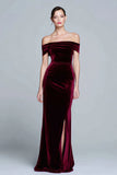 Off the Shoulder Velvet Burgundy Ruched Holiday Party Dress with Slit