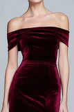 Off the Shoulder Velvet Burgundy Ruched Holiday Party Dress with Slit