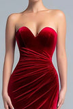 Sweetheart Velvet Ruched Burgundy Holiday Party Dress with Slit