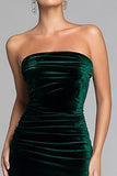 Strapless Velvet Dark Green Ruched Holiday Party Dress with Slit