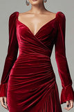 Velvet Mermaid Long Sleeve Burgundy Ruffled Midi Holiday Party Dress