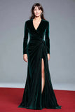 Dark Green Velvet V Neck Long Formal Dress with Slit