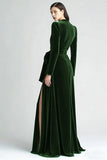 Peacock Blue Velvet Long Sleeve A Line Formal Dress