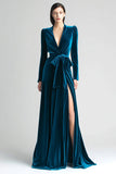 Peacock Blue Velvet Long Sleeve A Line Formal Dress