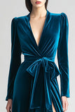 Peacock Blue Velvet Long Sleeve A Line Formal Dress