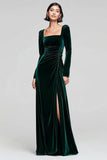 Dark Green Velvet Square Neck Formal Dress with Slit