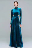 High Neck Cut Out Peacock Blue Velvet A Line Formal Dress