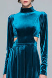 High Neck Cut Out Peacock Blue Velvet A Line Formal Dress