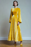 Yellow Velvet Round Neck A Line Midi Formal Dress