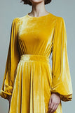 Yellow Velvet Round Neck A Line Midi Formal Dress