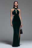Halter Velvet Dark Green Mermaid Formal Dress with Slit