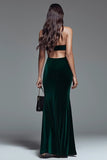 Halter Velvet Dark Green Mermaid Formal Dress with Slit