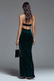 Halter Velvet Dark Green Mermaid Formal Dress with Slit