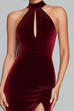 Halter Burgundy Velvet Mermaid Formal Dress with Slit