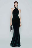 Halter Velvet Dark Green Mermaid Long Formal Dress