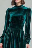 High Neck Peacock Green Velvet A Line Midi Formal Dress