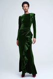 Green Ruffled Velvet Sheath Long Sleeve Formal Dress
