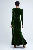 Green Ruffled Velvet Sheath Long Sleeve Formal Dress
