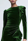 Green Ruffled Velvet Sheath Long Sleeve Formal Dress