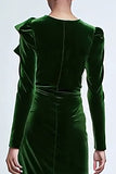 Green Ruffled Velvet Sheath Long Sleeve Formal Dress