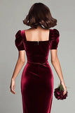 Burgundy Short Sleeve Velvet Sheath Formal Dress
