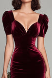 Burgundy Short Sleeve Velvet Sheath Formal Dress