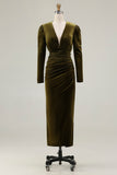 Olive Velvet Long Sleeve Bodycon Midi Formal Dress