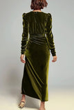 Olive Velvet V Neck Bodycon Midi Formal Dress