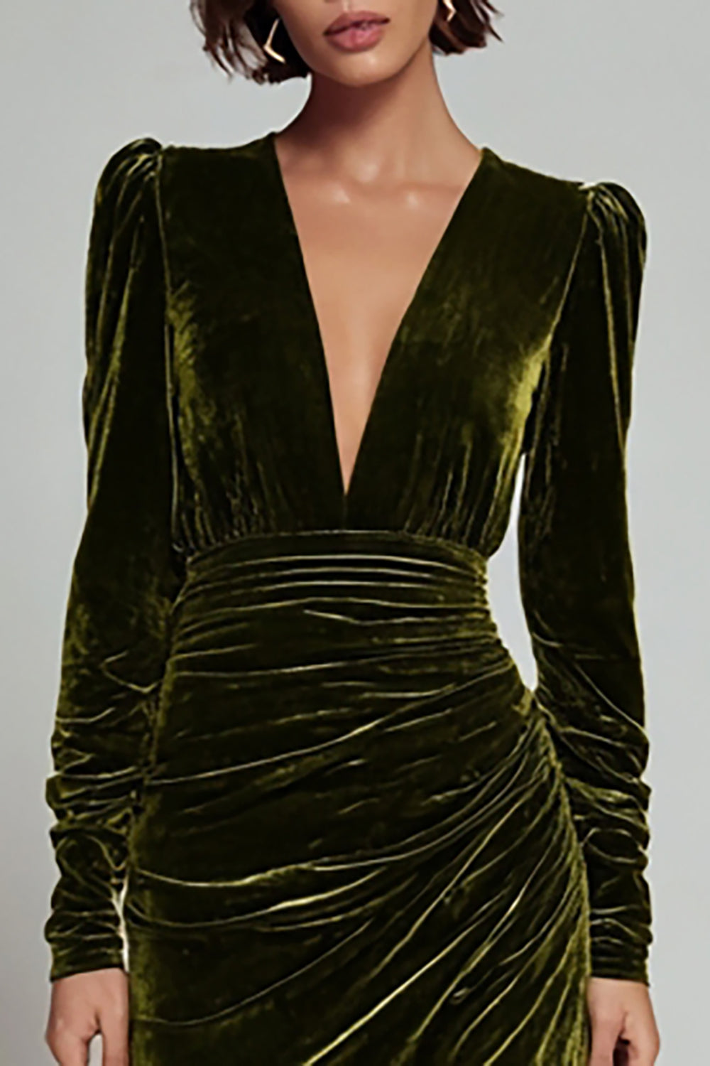WEDTREND Women Olive Formal Dress V Neck Velvet Long Sleeve Bodycon