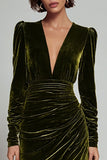 Olive Velvet V Neck Bodycon Midi Formal Dress