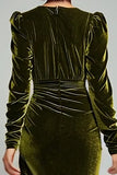 Olive Velvet V Neck Bodycon Midi Formal Dress